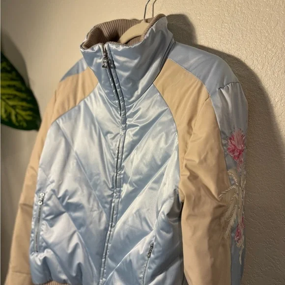 BOGNER Cream Blue Goose Down Floral Embroidered Zip Front Quilted Ski Jacket 10 - Picture 11 of 12